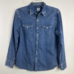 Levis Barstow Western Blue Denim Pearl Snap Shirt Men's Large Rodeo Festival